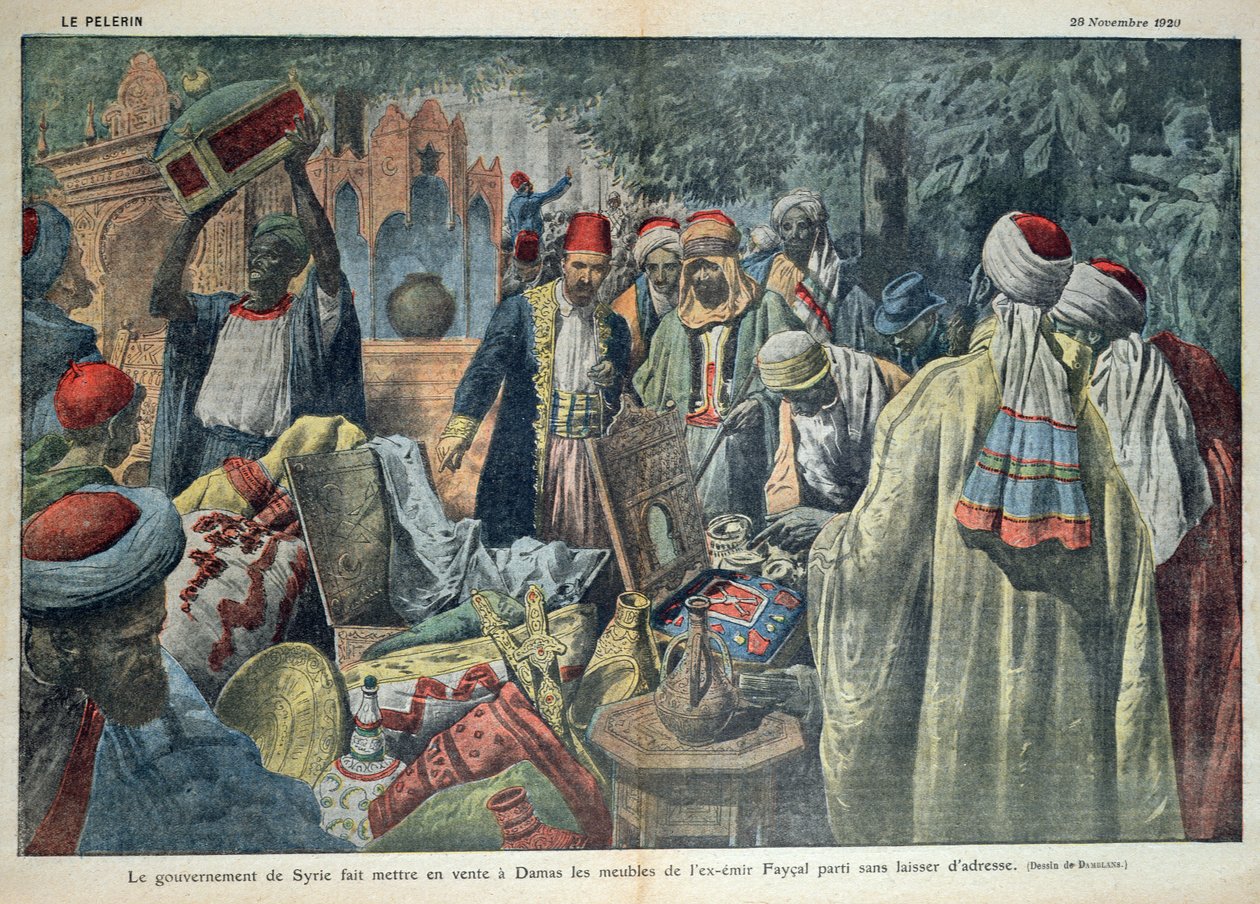 A venda pelo governo sírio dos bens do emir Faisal (1883-1923) em Damasco, ilustração da revista &39;Le Pelerin&39;, 20 de novembro de 1920 de Eugene Damblans