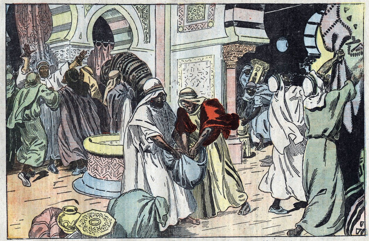 Os wahabitas, depois de tomarem Meca, saquearam o palácio do rei Hussein. Ilustração de Damblans. Em "Le Pelerin", de 2 de Novembro. de Eugene Damblans