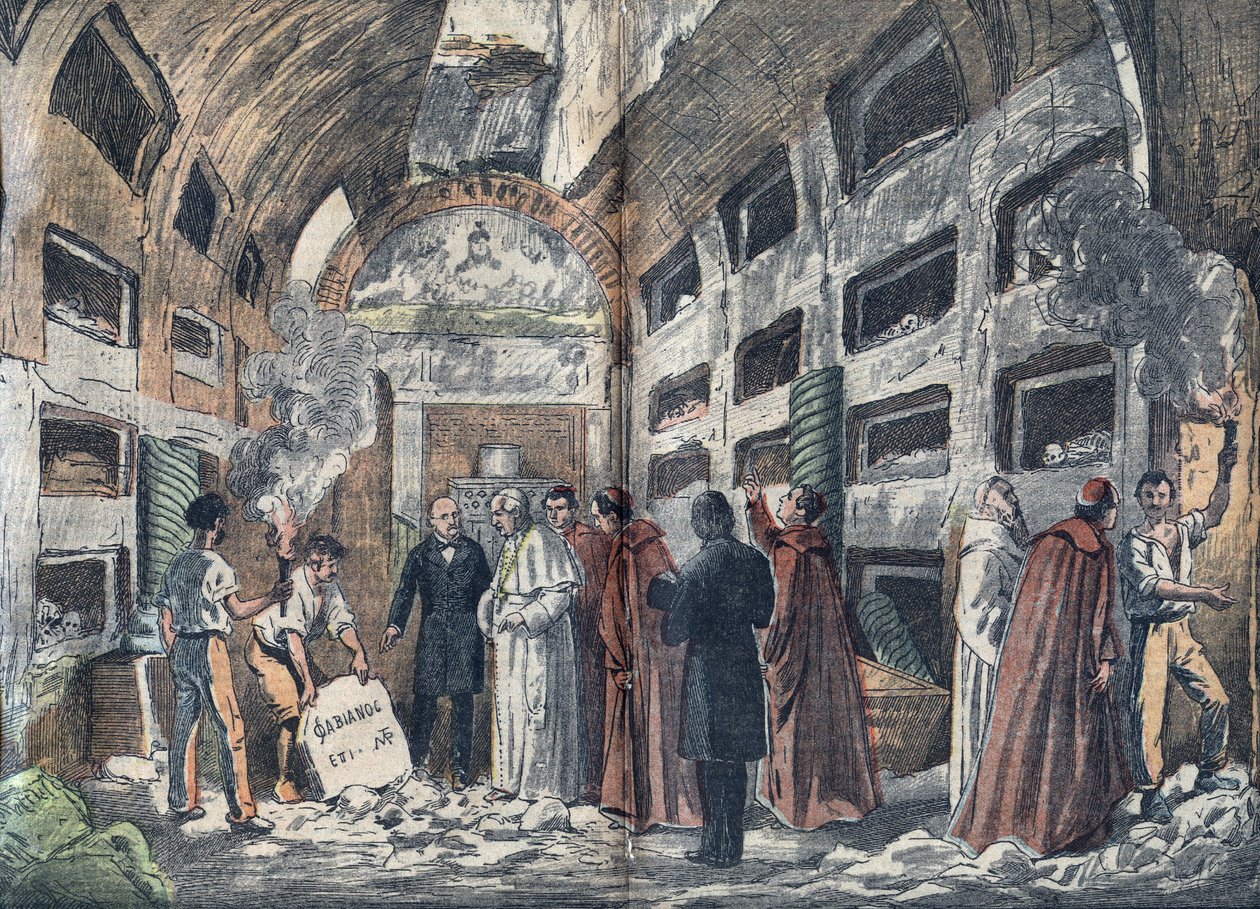 O arqueólogo Giovanni Battista de Rossi (1822-1894) faz o Papa Pio IX visitar a cripta dos Papas que acaba de descobrir (1852) - Ilustração de Damblans em "le-Pelerin" 1923 de Eugene Damblans
