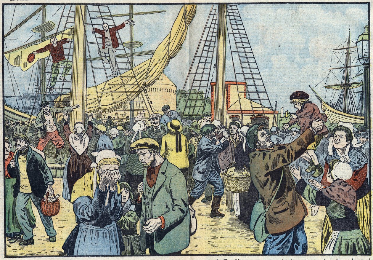 O regresso do bacalhau a Saint-Malo: as Terres-Neuvas pescavam e reuniam-se com as suas famílias. Ilustração de Damblans. Em "Le Pelerin" de 7 de outubro de Eugene Damblans