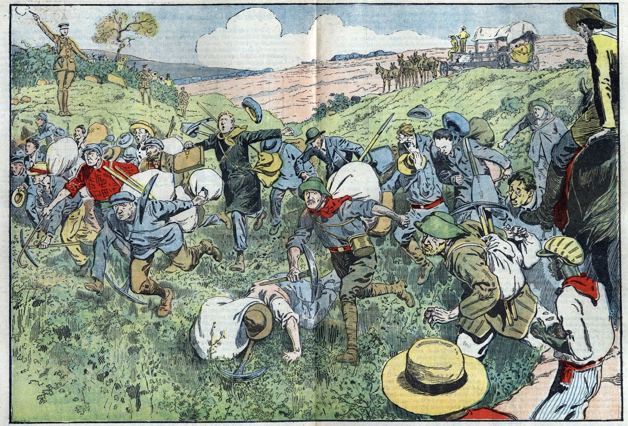 A corrida diamantífera (África do Sul): uma corrida organizada para decidir quem irá ocupar os lotes de diamantes mais próximos do depósito. Ilustração de Damblans em "Le Pelerin" de 3 de agosto de Eugene Damblans