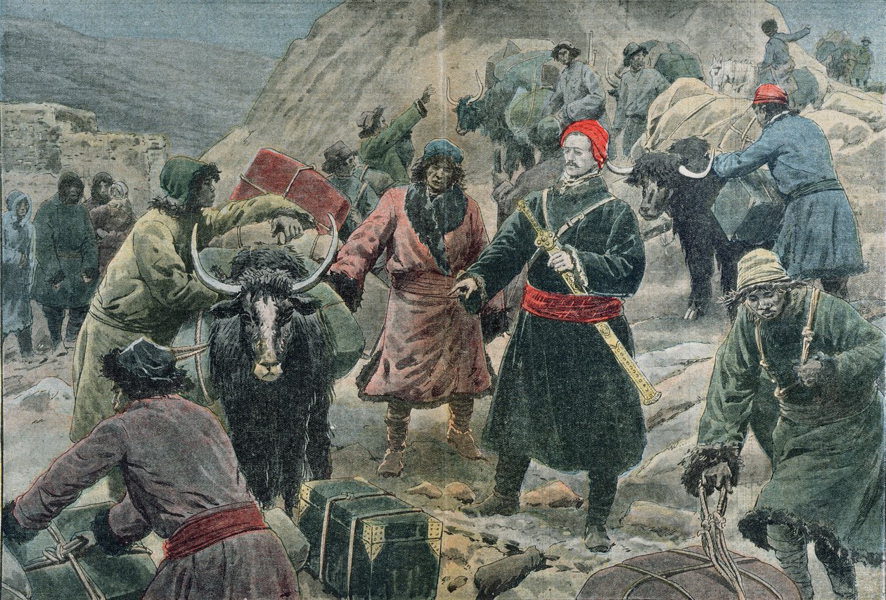 O explorador Sven Ander Hedin (1865-1952) no Tibete, ilustração de &39;Le Pelerin&39;, fevereiro de 1909 de Eugene Damblans