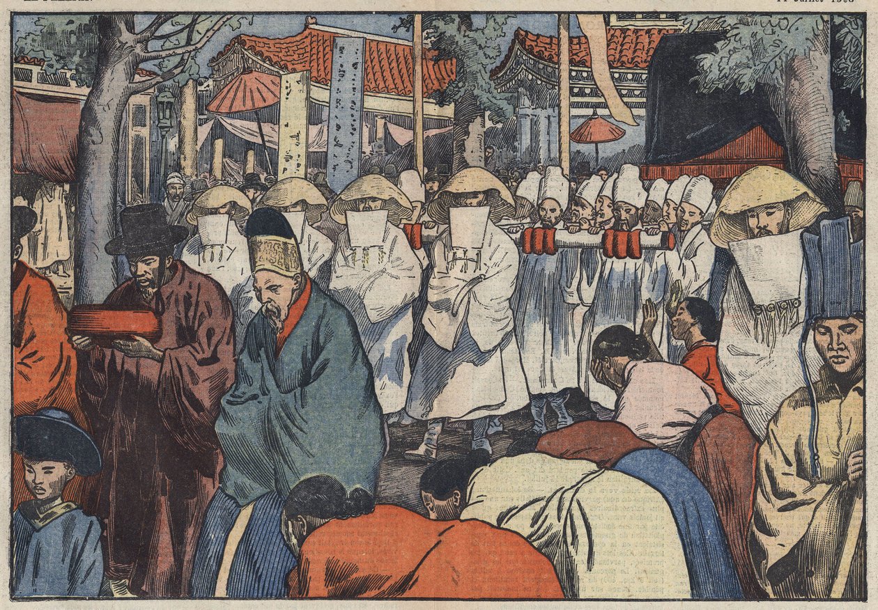 O funeral do antigo Imperador da Coreia, o Príncipe Yi. Pode-se ver o catafalque à porta do palácio em Seul, enquanto os Aigos ou "Cereers Coreens" lamentam a morte do príncipe. Seul, Coreia. Ilustração de Damblans. Em "Le Pelerin" de Julho... de Eugene Damblans