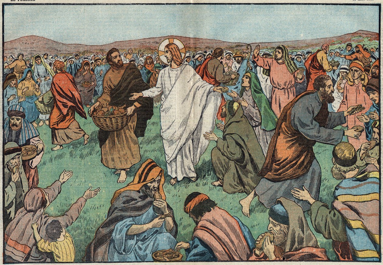 A multiplicação dos pães: nas margens do Lago Tiberiad, Jesus Cristo (Jesus Cristo) satisfez a população multiplicando cinco pães de cevada e dois peixes. Ilustração de Damblans. Em "Le Pelerin" de 18 de março de Eugene Damblans