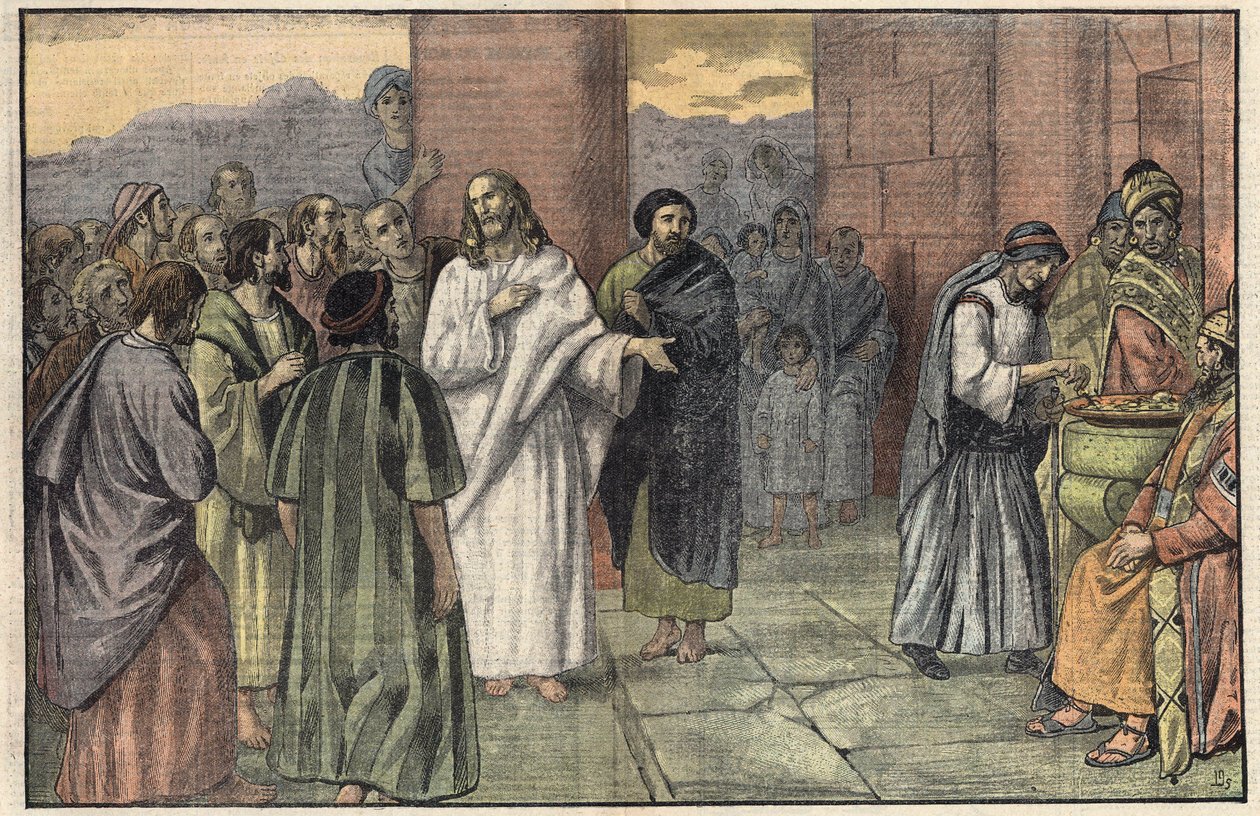 A oferta da viúva. Evangelho segundo São Marcos, capítulo 12, v. 41-44. Ilustração de Damblans. Em "Le Pelerin" de 28 de junho de Eugene Damblans