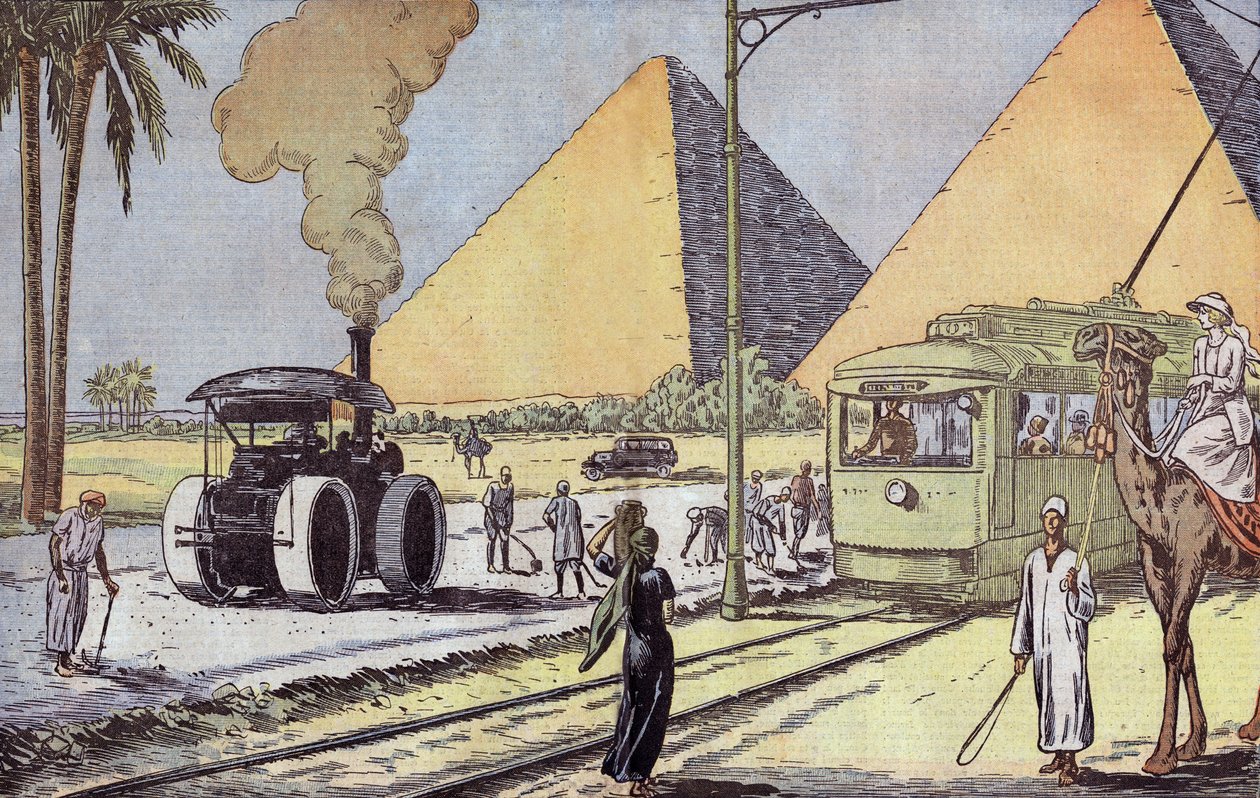 Vista das pirâmides de Gizé no Egipto, ilustração de Eugene Damblans do jornal francês "Le Pelerin" de 1 de janeiro de Eugene Damblans