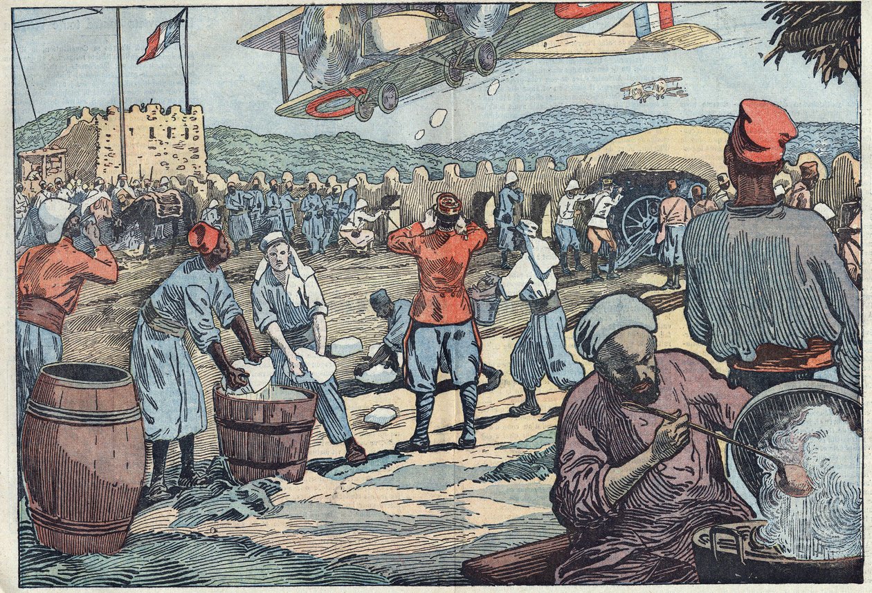 Guerra em Marrocos: Aviões franceses abastecem de gelo um cerco de quarteirão por marroquinos dissidentes. Ilustração de Damblans. Em "Le Pelerin" de 24 de Maio de Eugene Damblans