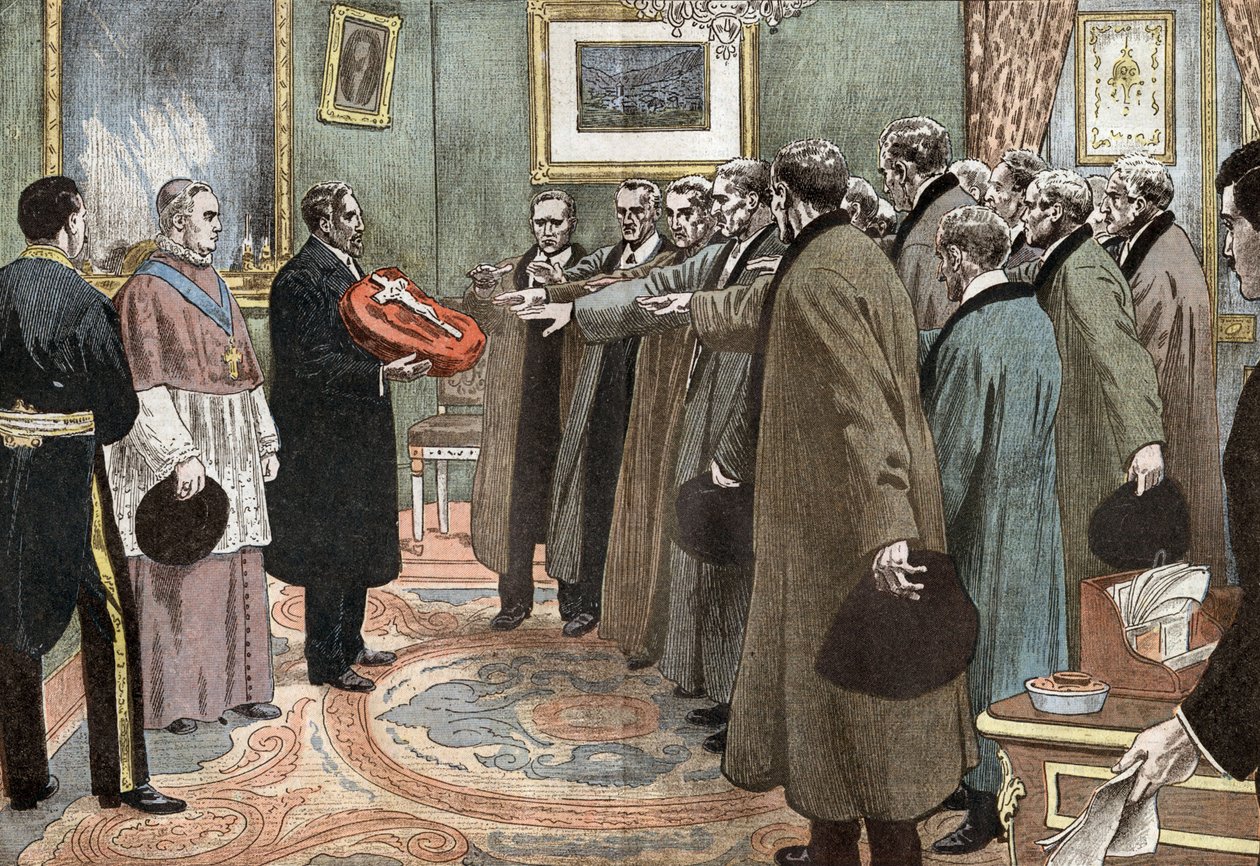 delegados da república de Andorra com o bispo de Urgel prestando juramento de obediência a França, ilustração de Damblans do jornal "Le Pelerin", 3 de maio de Eugene Damblans