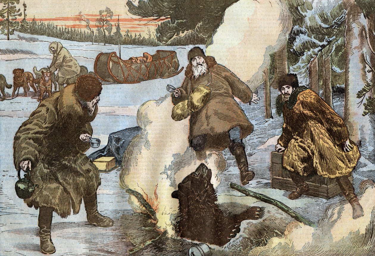 missionários preparam chá enquanto um urso surge subitamente do gelo, ilustração de Damblans do jornal francês "Le Pelerin" de 23 de agosto de Eugene Damblans