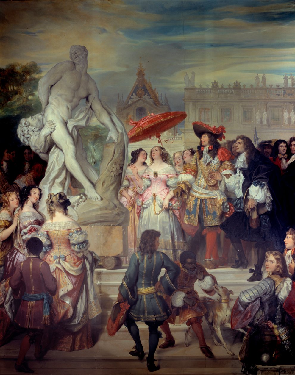 Pierre Puget (1620-1694) apresenta a sua estátua Milon of Crotone a Luís XIV (1638-1715) nos jardins do castelo de Versalhes. Pintura de Eugene Deveria (1808-1865) de Eugene Deveria