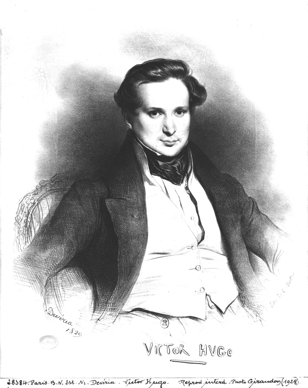 Retrato de Victor Hugo (1802-66), gravado por Charles Etienne Pierre Motte (1785-1836) 1829 (lito) (foto bw) de Eugene Deveria