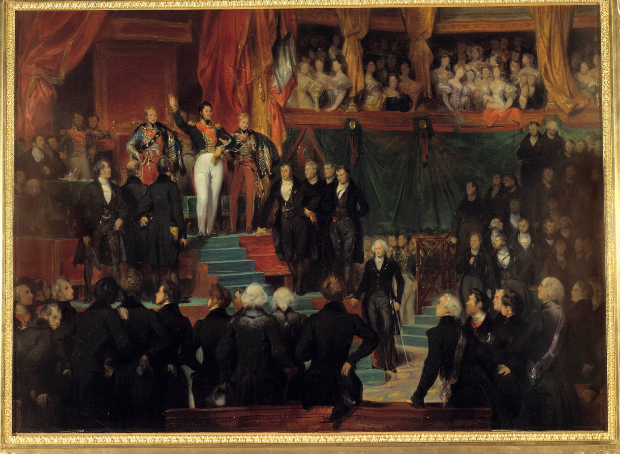 Revolução de 1830: "O Rei Luís Filipe I (1773-1850) jurou manter a Carta de 1830 na presença das câmaras reunidas na sala provisória do Palácio Bourbon em 9 de agosto de 1830. de Eugene Deveria