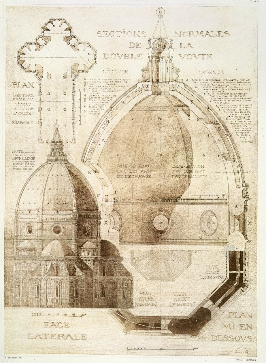 Planta, seção e elevação da Catedral de Florença, de "Fragmentos da Arquitetura da Idade Média e da Renascença", gravada por Jules Adolphe Chauvet (n.1828) de Eugene Duquesne