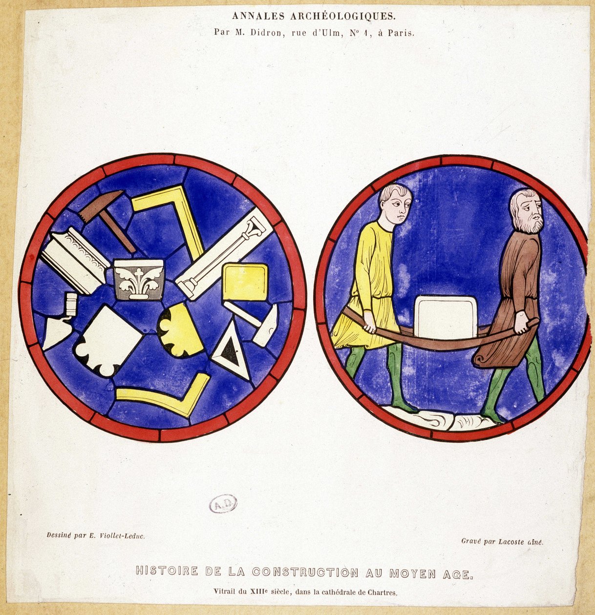 História da construção na Idade Média: Fac-símile de vitrais do século XIII, na Cathedrale de Chartres - Draw by Eugene Viollet-le-Duc (Viollet le Duc) (1814-1879) e com vários símbolos macônicos. de Eugene Emmanuel (after) Viollet le Duc