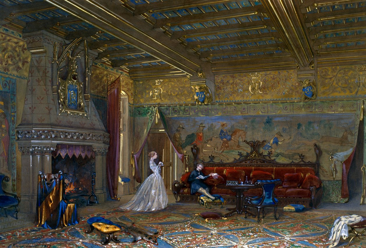 Design de uma sala em estilo gótico para o Castelo de Pierrefonds, com o Imperador e a Imperatriz de Eugene Emmanuel Viollet le Duc