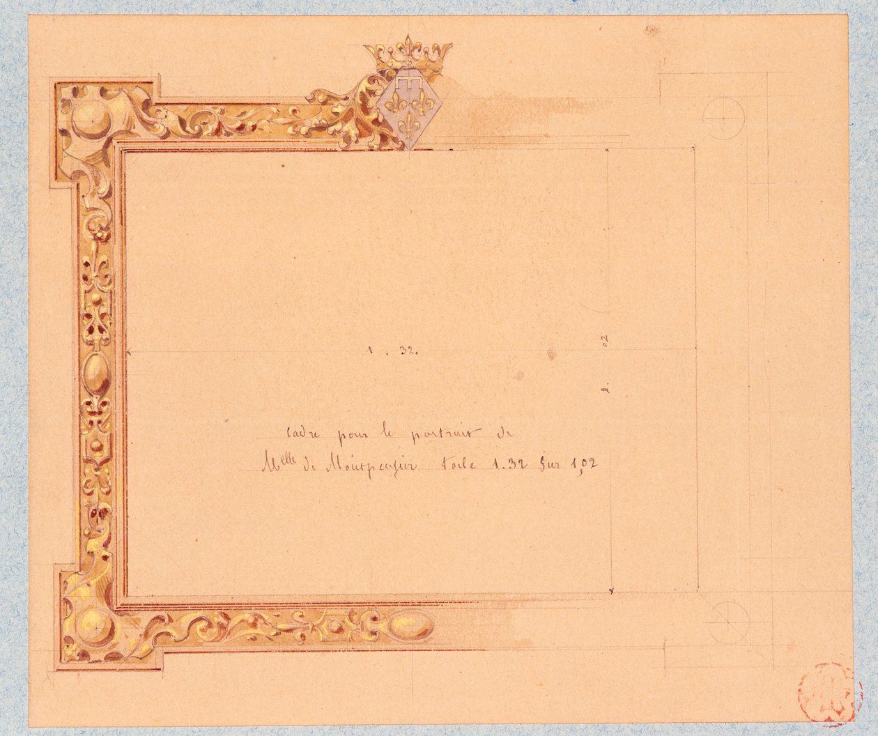 Desenho da cornija para o retrato de Mademoiselle de Montpensier, de Eugene Emmanuel Viollet-Le-Duc (1814-1879), desenho em aquarela de Eugene Emmanuel Viollet le Duc