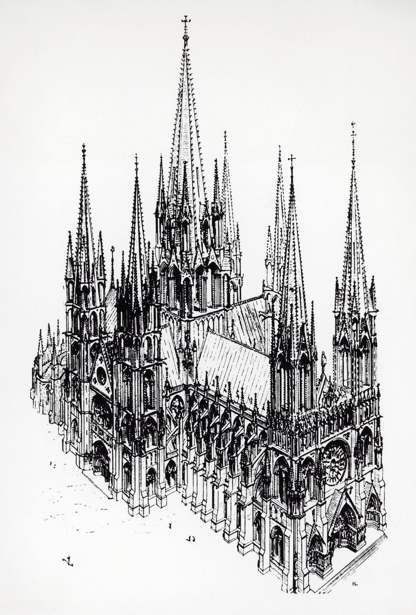 Vista isométrica da catedral ideal, desenho de Eugene Emmanuel Viollet-le-Duc (1814-1879) do Dicionário de Arquitectura Francesa do Século XI ao Século XVI de Eugene Emmanuel Viollet le Duc