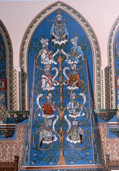"Rei Artur e os Cavaleiros da Távola Redonda", desenho afresco para o Chateau de Pierrefonds (cor litho) de Eugene Emmanuel Viollet le Duc