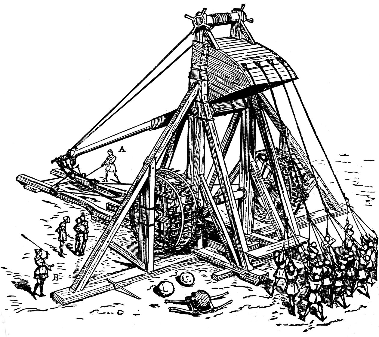 Reconstituição de uma enorme catapulta (tipo contrapeso trebuchet), chamada mangonneau de Eugene Emmanuel Viollet le Duc