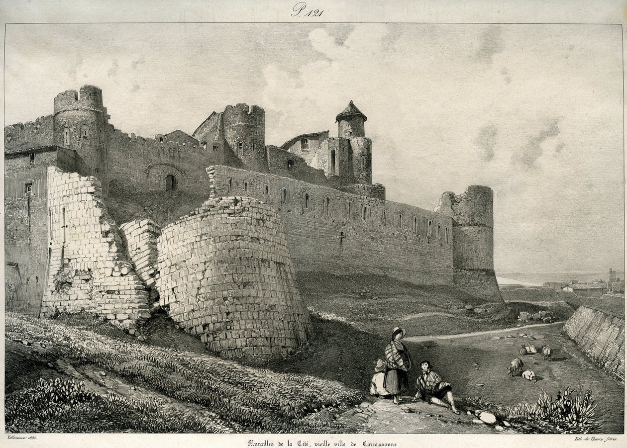 Carcassonne, muralha da cidade, fortemente danificada de Eugene Emmanuel Viollet le Duc