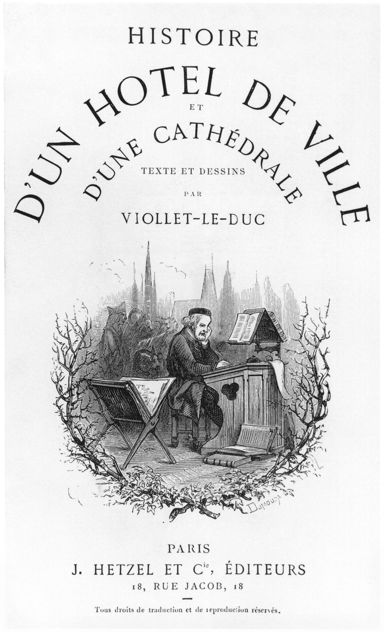 Capa da "História de uma Câmara Municipal e uma Catedral", gravada por Dumouza, publ. J. Hetzel, Paris de Eugene Emmanuel Viollet le Duc