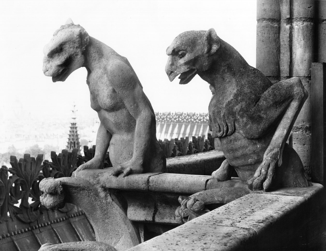 Gargolas da balaustrada da Grande Galerie da fachada oeste, réplica de um original do século XII (pedra) (foto a p/b) de Eugene Emmanuel Viollet le Duc