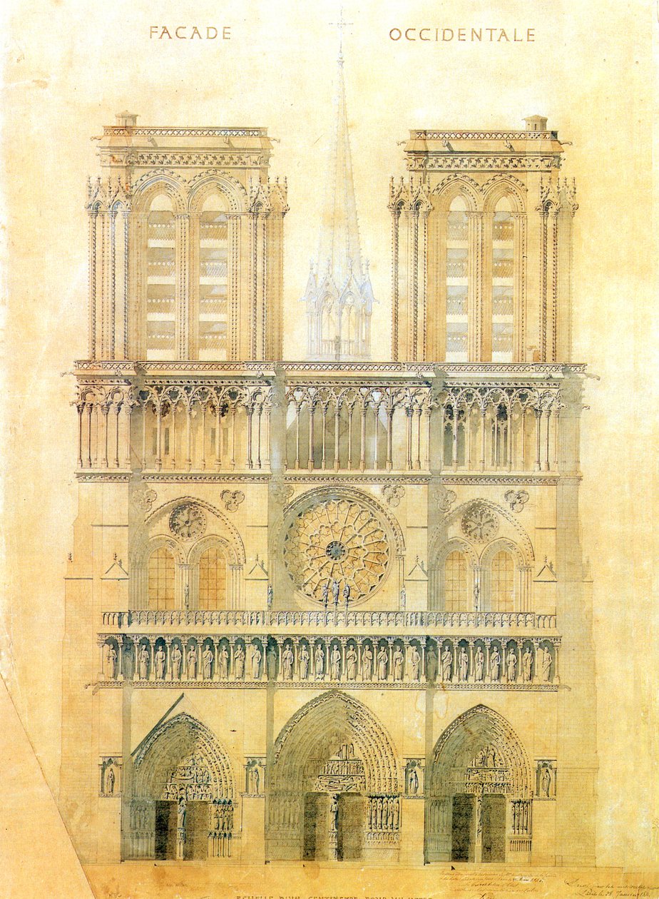 Projeto de restauração da fachada oeste da catedral de Notre Dame em Paris com reconstrução da torre na travessia, 1843 de Eugene Emmanuel Viollet le Duc