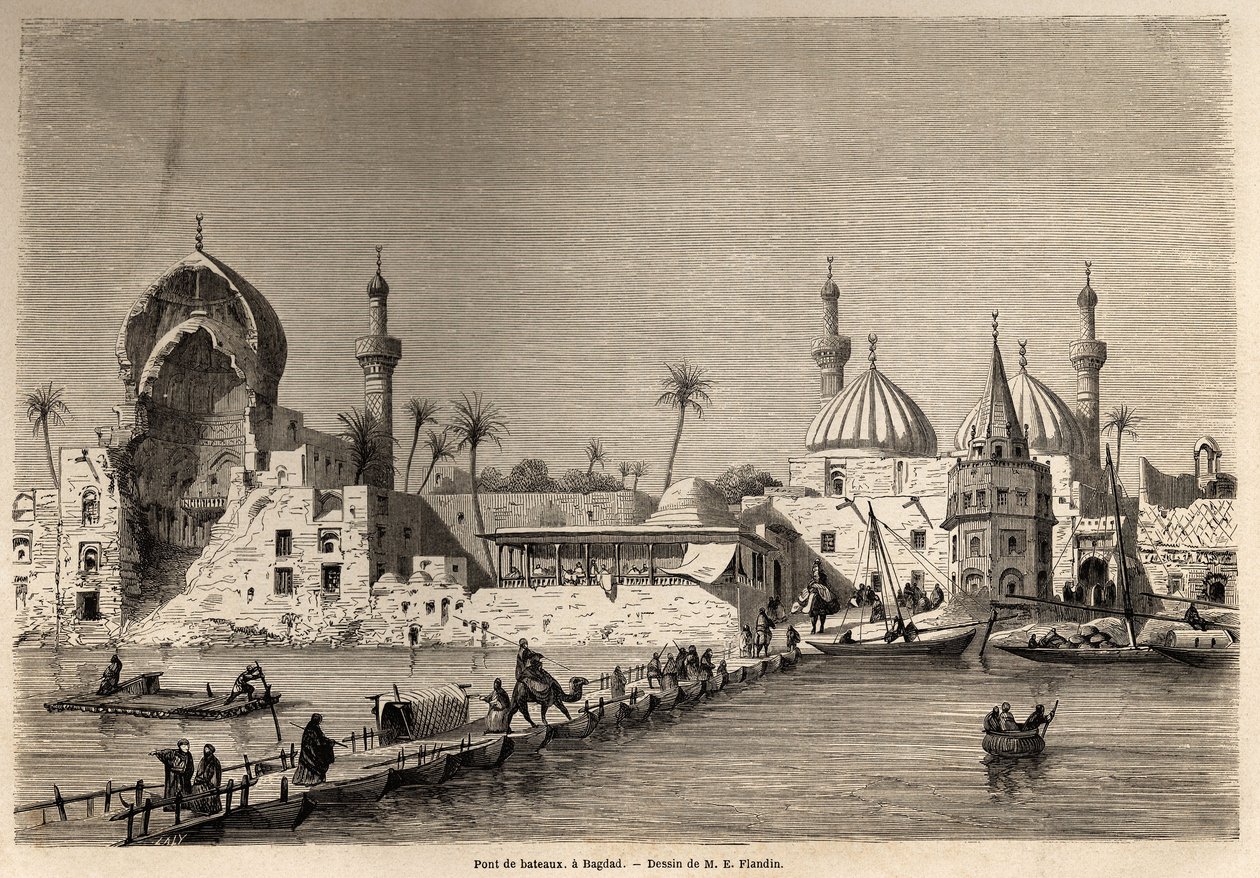 Uma ponte de barco, em Bagdá, desenhada por Eugene Flandin (1809-1876), para ilustrar sua viagem à Mesopotâmia em 1840-1842. Gravura em "Le tour du monde", 1861. A coleção de Selva. de Eugene Flandin