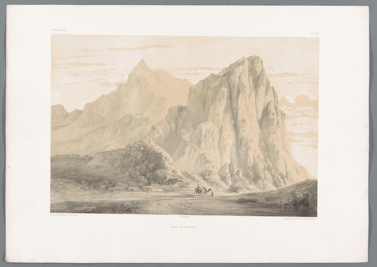 Berg Behistun no Irão
Mont Bi-Sutoun (título sobre o objecto)
Perzische landschappen (título da série)
Perse moderne (título da série) de Eugene Flandin