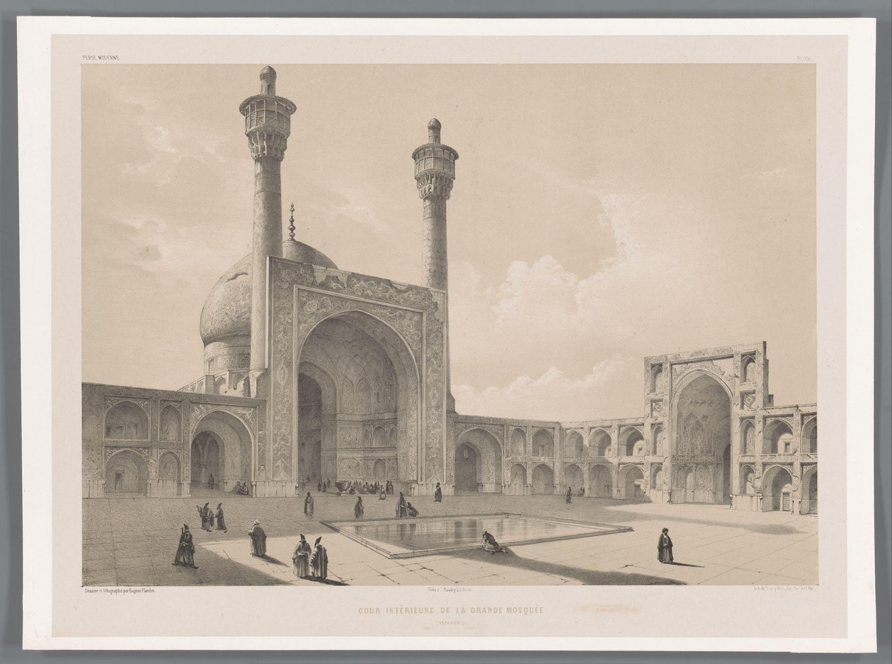 Pátio da Mesquita Jameh de Isfahan Cour intérieure de la grande mosquée (Ispahan) (título no objeto) Paisagens persas (título da série) Perse moderna (título da série) de Eugene Flandin