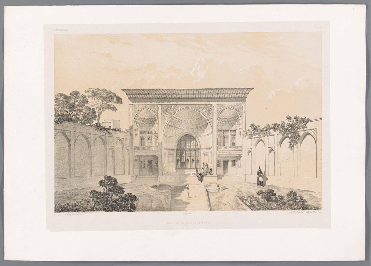 Jardim interior da casa de Hussein Khan em Tabriz
Maison de Hussein-Khân Tabriz (título sobre o objecto)
Paisagens persas (título da série)
Perse moderne (título da série) de Eugene Flandin