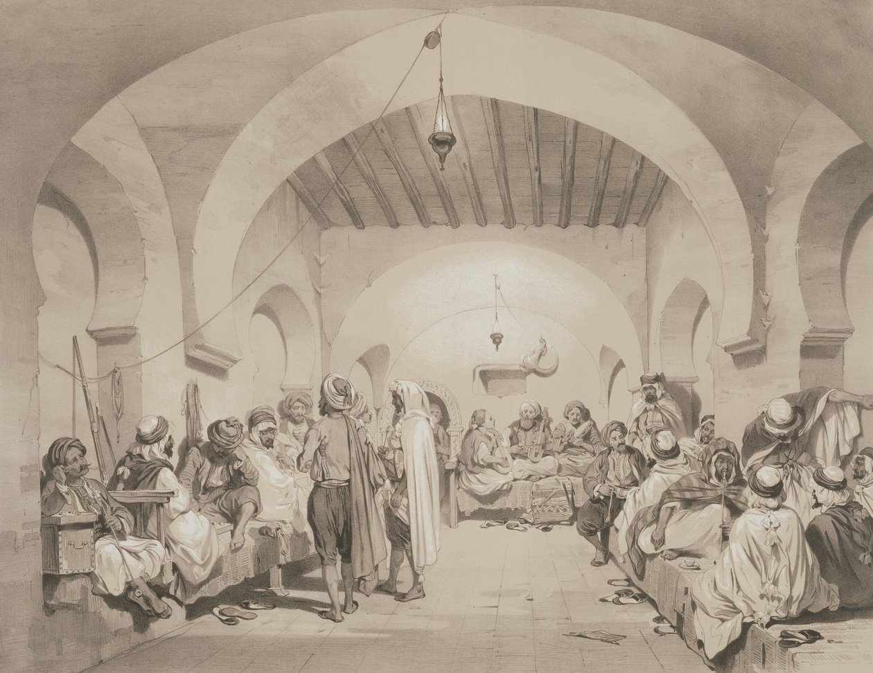 Café du Divan, Argel, de um volume comemorativo da Força Expedicionária francesa que capturou Argel em 1830, gravado por Adolphe Jean-Baptiste Bayot (1810-66) de Eugene Flandin