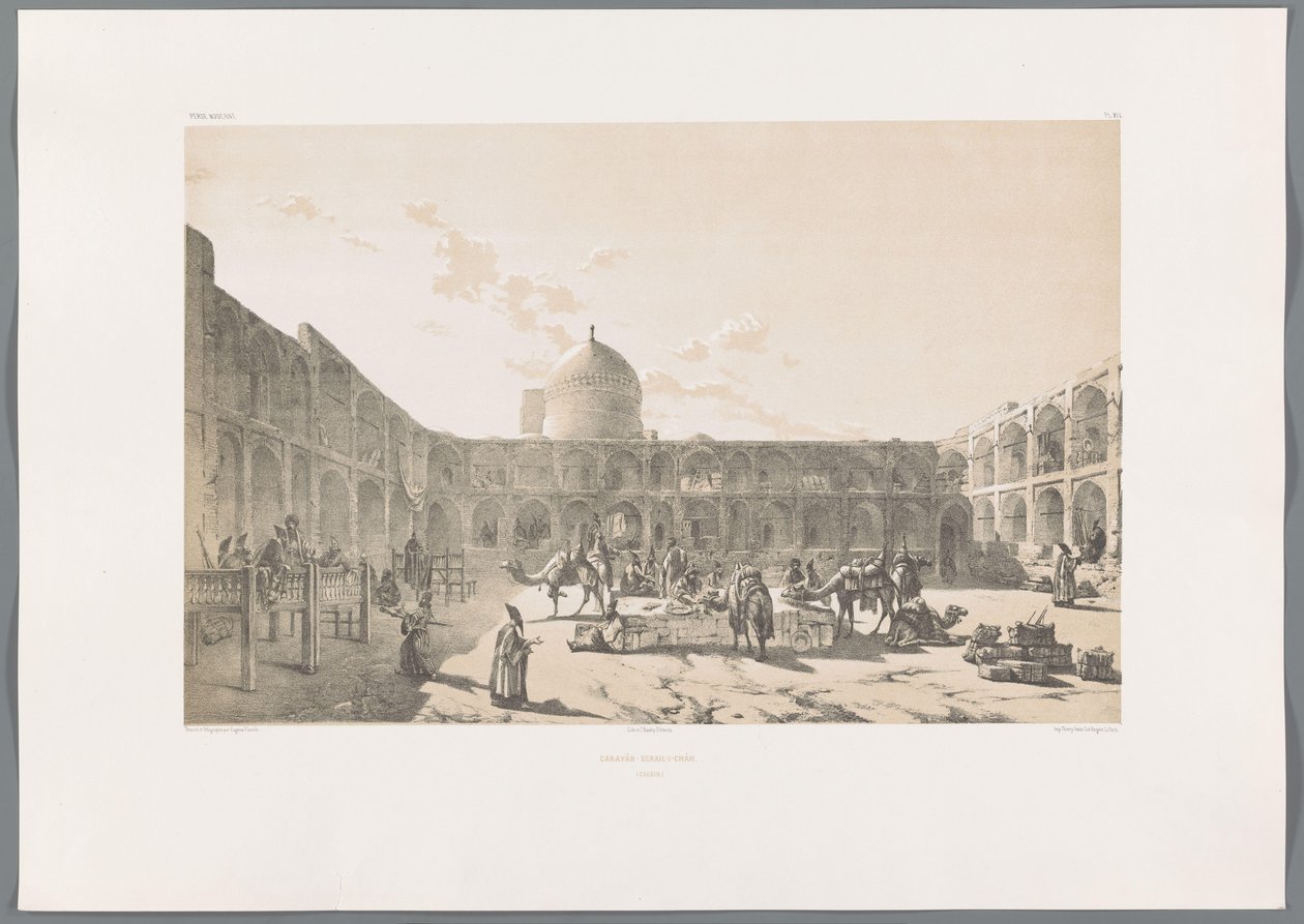 Caravanserai-i-Shah em Qazvin
Caravân-Serail-I-Châh (Casbin) (título sobre o objecto)
Paisagens persas (título da série)
Perse moderne (título da série) de Eugene Flandin
