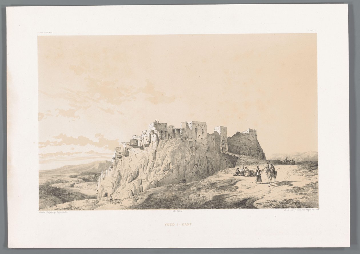Vista do castelo de Izadkhvast Yezd-i-Kast (título no objeto) Paisagens persas (título da série) Perse moderna (título da série) de Eugene Flandin