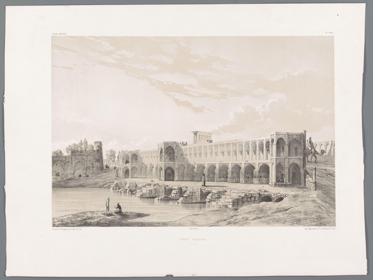 Ponte Khaju ou Pol-e Khaju em Isfahan Pont Kadjiou Chiraz (título no objeto) Paisagens persas (título da série) Perse moderna (título da série) de Eugene Flandin