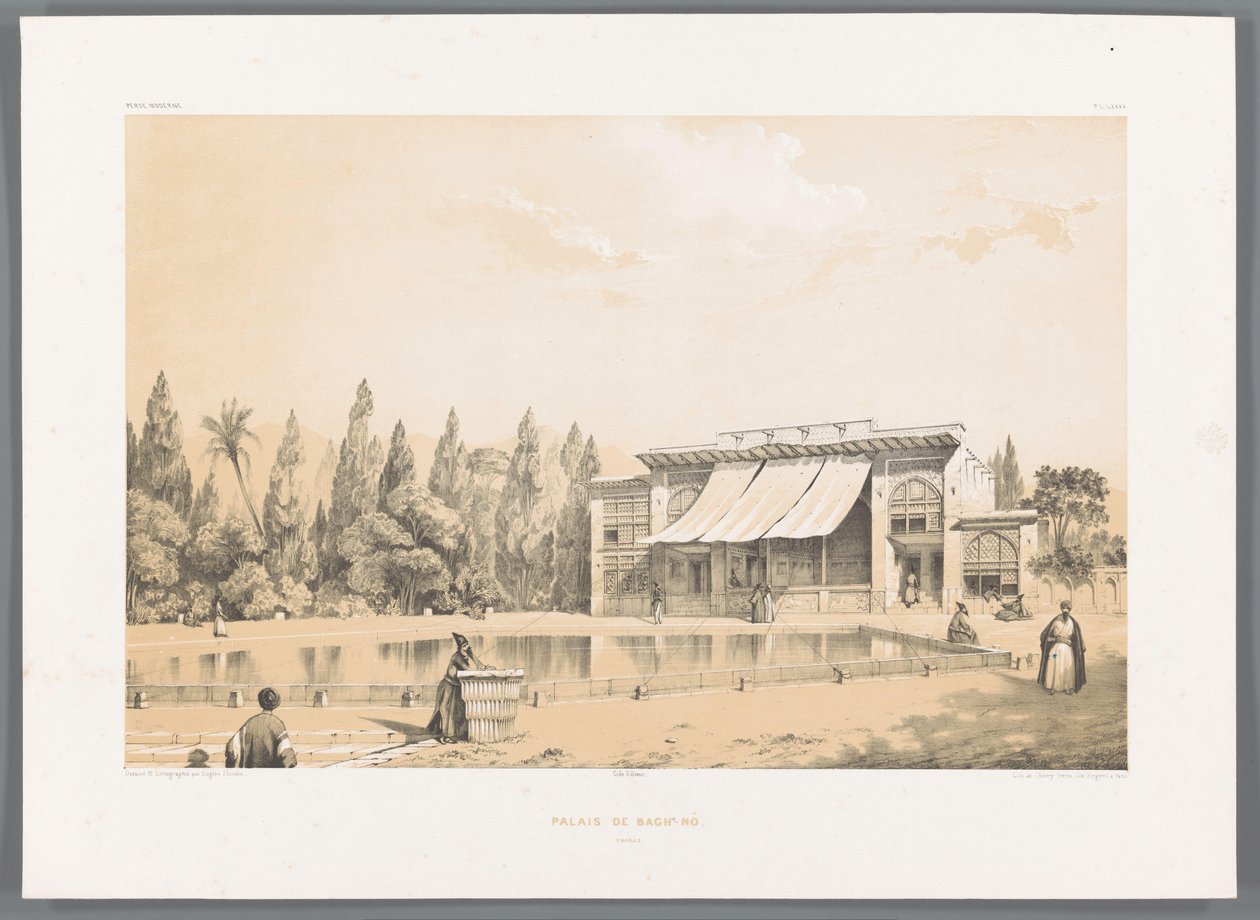 Palácio de Nou Bagh em Shiraz Palais de Bagh-Nô (título no objeto) Paisagens persas (título da série) Perse moderna (título da série) de Eugene Flandin