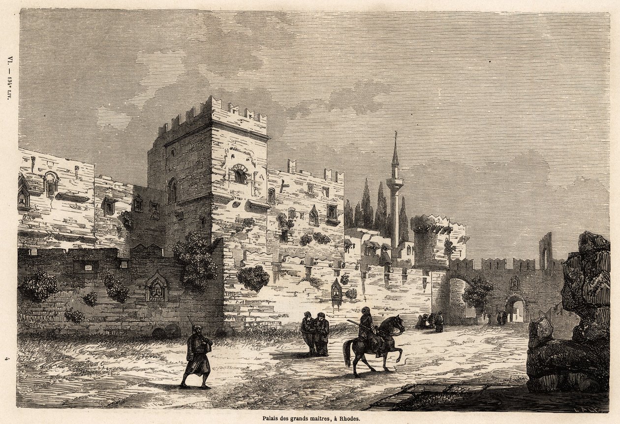 O palácio dos grandes mestres em Rodes, desenho de Eugene Flandin, para ilustrar a sua viagem à ilha de Rodes em 1844. Gravura em "Le tour du monde", editado por Edouard Charton de Eugene Flandin