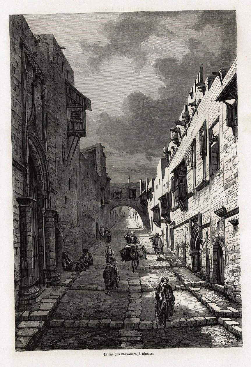 A rue des chevaliers, em Rodes, desenho de Eugene Flandin, para ilustrar a sua viagem à ilha de Rodes, em 1844. Gravura em "Le tour du monde", editado por Edouard Charton de Eugene Flandin