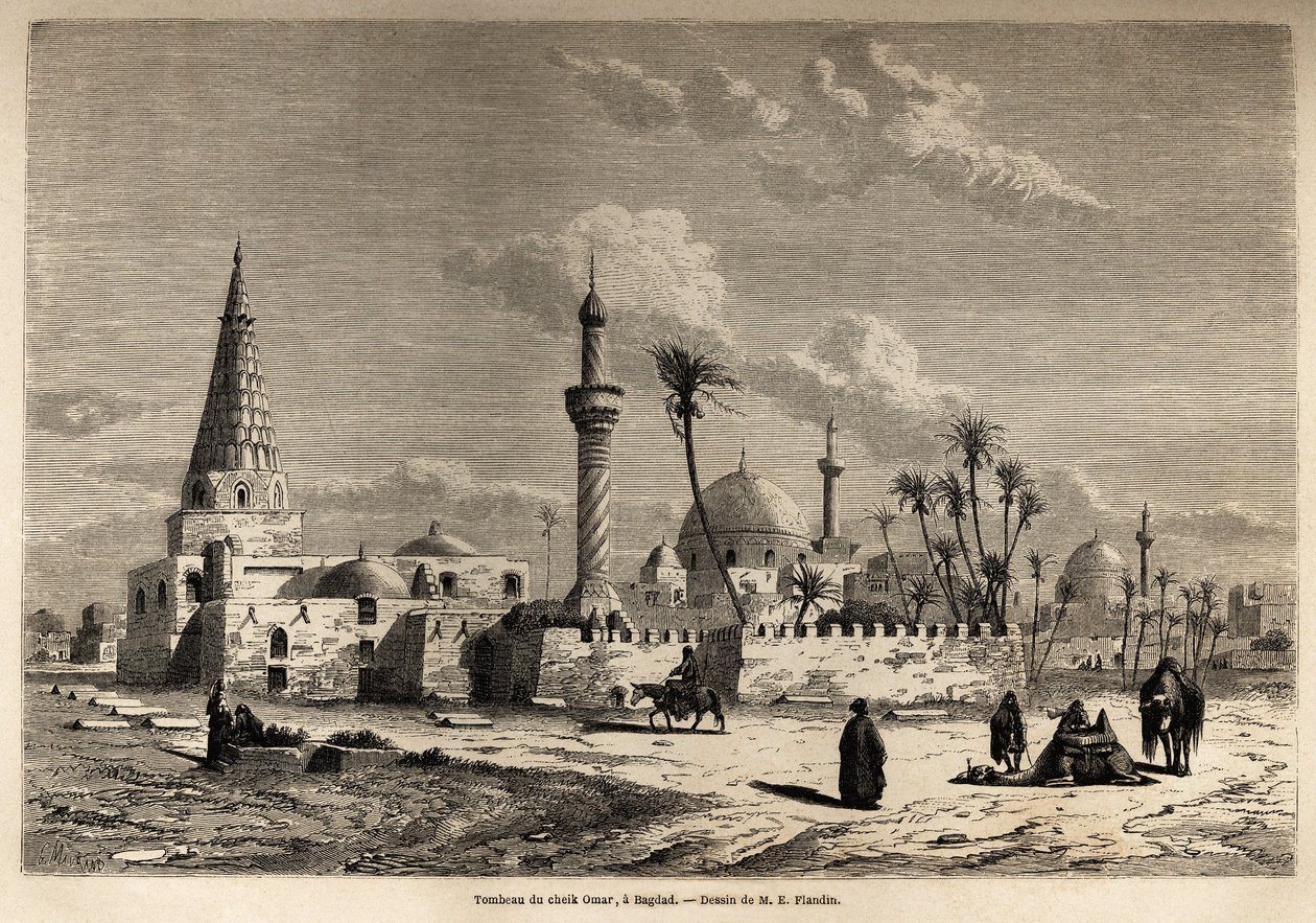 O túmulo do Xeque Omar, em Bagdá, desenho de Eugene Flandin (1809-1876), para ilustrar sua viagem à Mesopotâmia em 1840-1842. Gravura em "Le tour du monde", 1861. A coleção de Selva. de Eugene Flandin