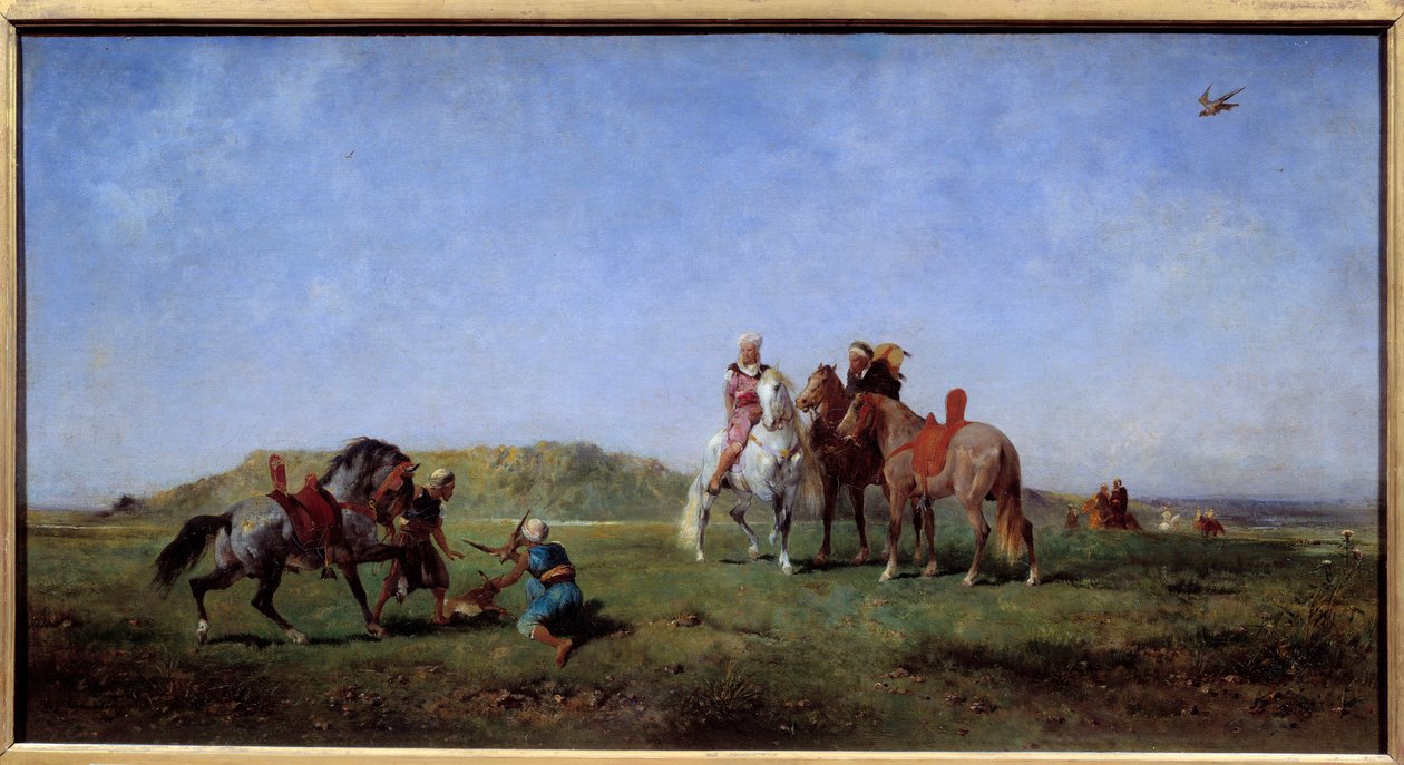 Caça ao Falcão na Argélia Pintura por Eugene Fromentin (1820-1876) Sol do século XIX. 0,45x0,85 m de Eugène Fromentin