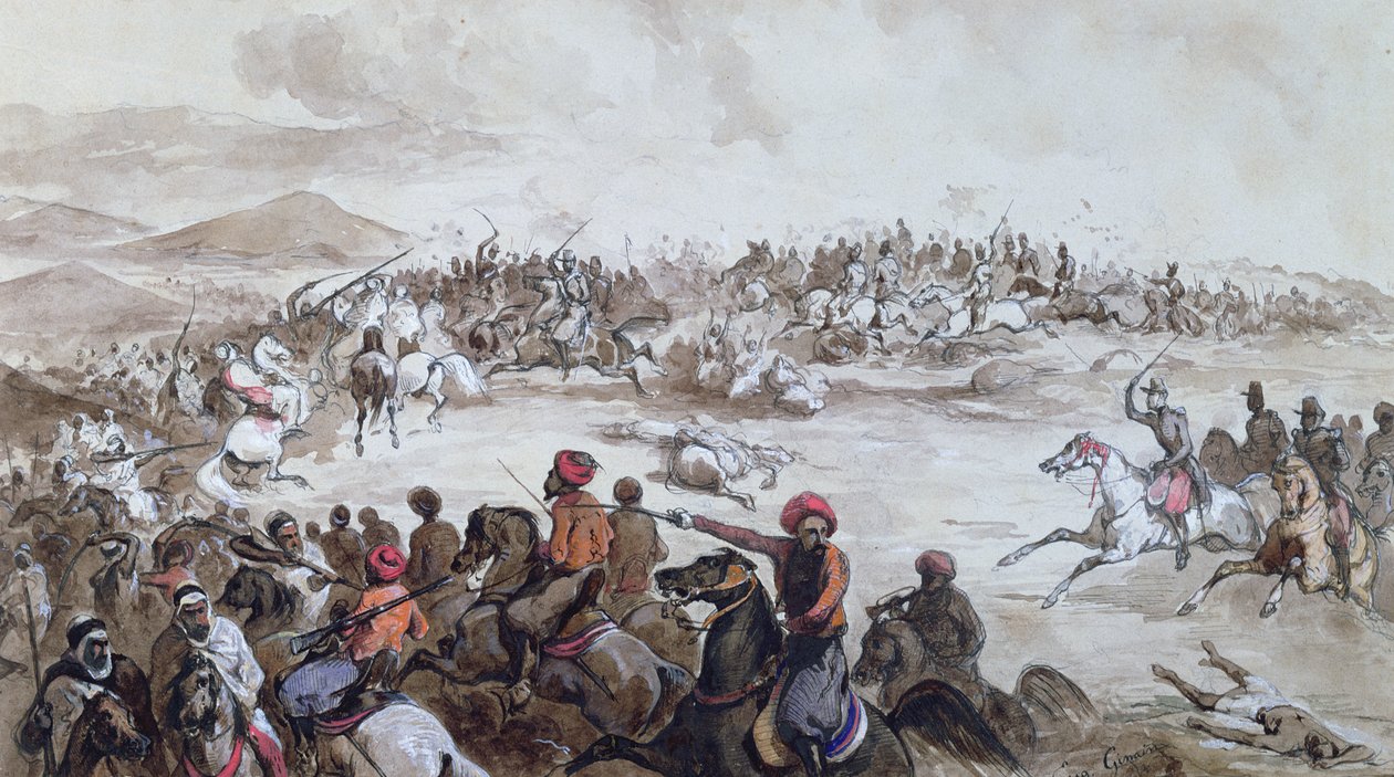 Captura da Tribo de Abd el-Kader (1808-83) por Henri d&39;Orleans (1822-97) Duque de Aumale, 16 de maio de 1843, c.1843 de Eugene Gimain