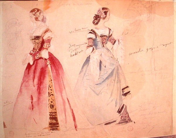 Dois desenhos de fantasias femininas na época da criação de 