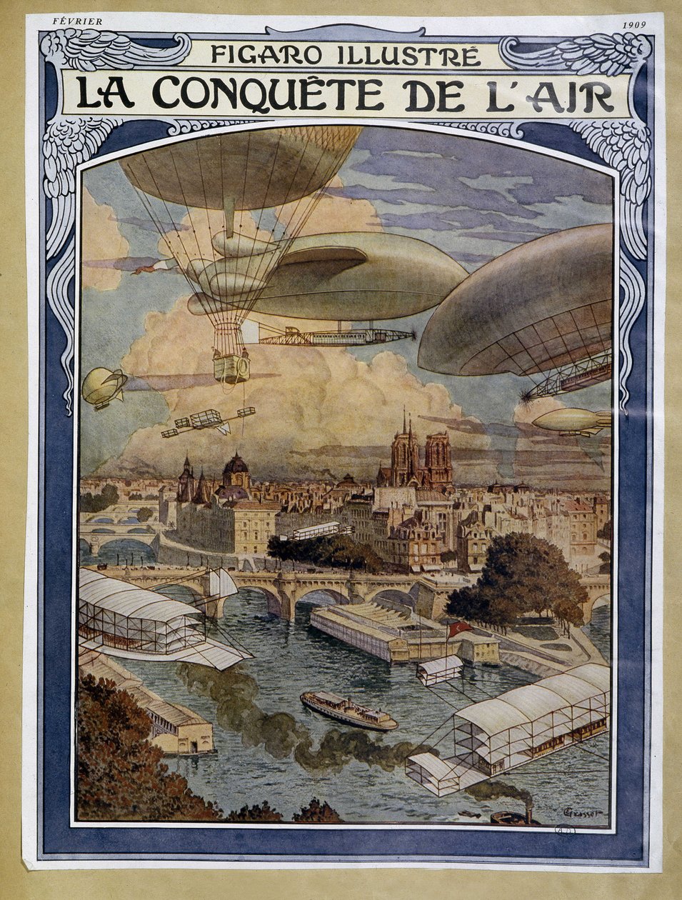 Air conquete: dirigível, balão e balão de ar quente sobre Paris - cobertura em "Figaro Illustré" de fevereiro de 1909 de Eugene Grasset