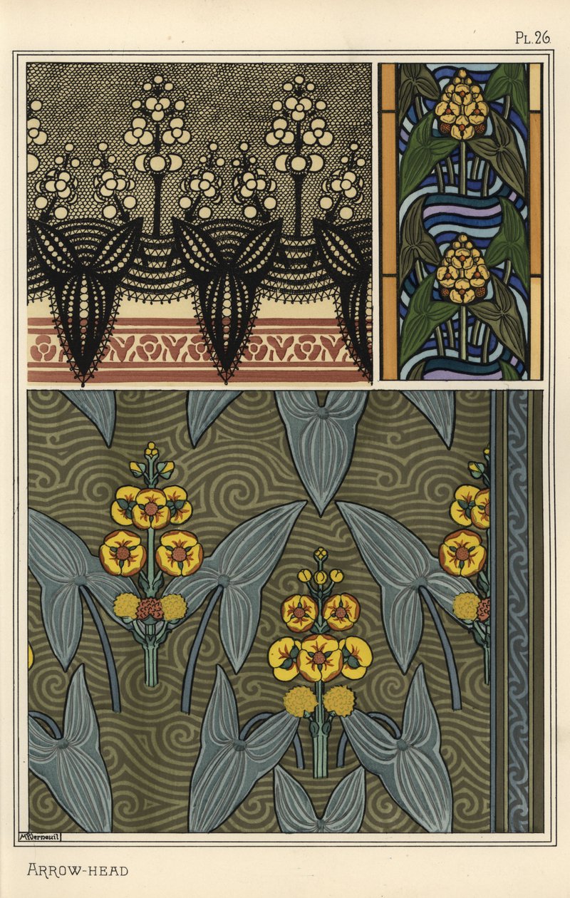 Arrowhead, Sagittaria sagittifolia, como motivo de design em bordados, vidros manchados e padrões de tecido de Eugene Grasset