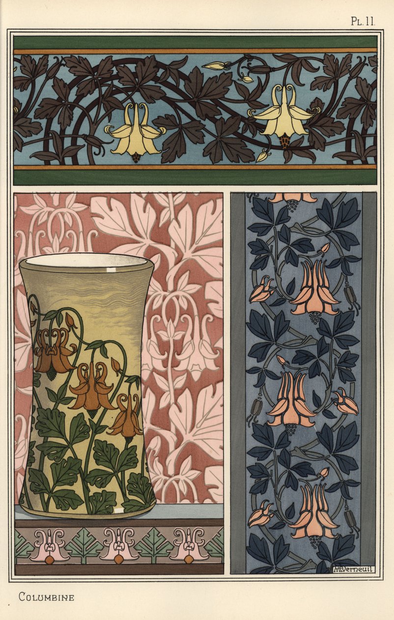 Flor Columbine, Aquilegia vulgaris, em padrões para papel de parede, tecido e vaso de Eugene Grasset