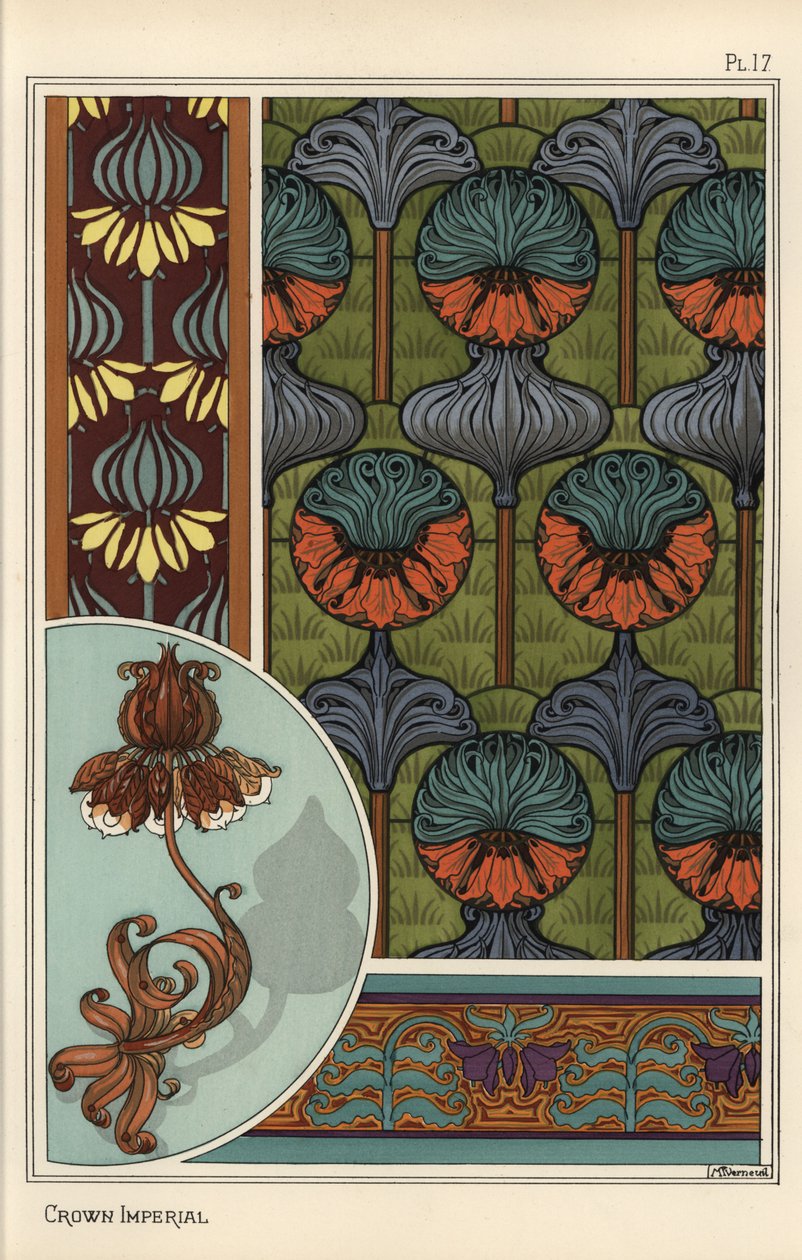 Flor imperial da Coroa, Fritillaria imperialis, em papel de parede e padrões de tecido, e como desenho para uma lâmpada de ferro forjado de Eugene Grasset