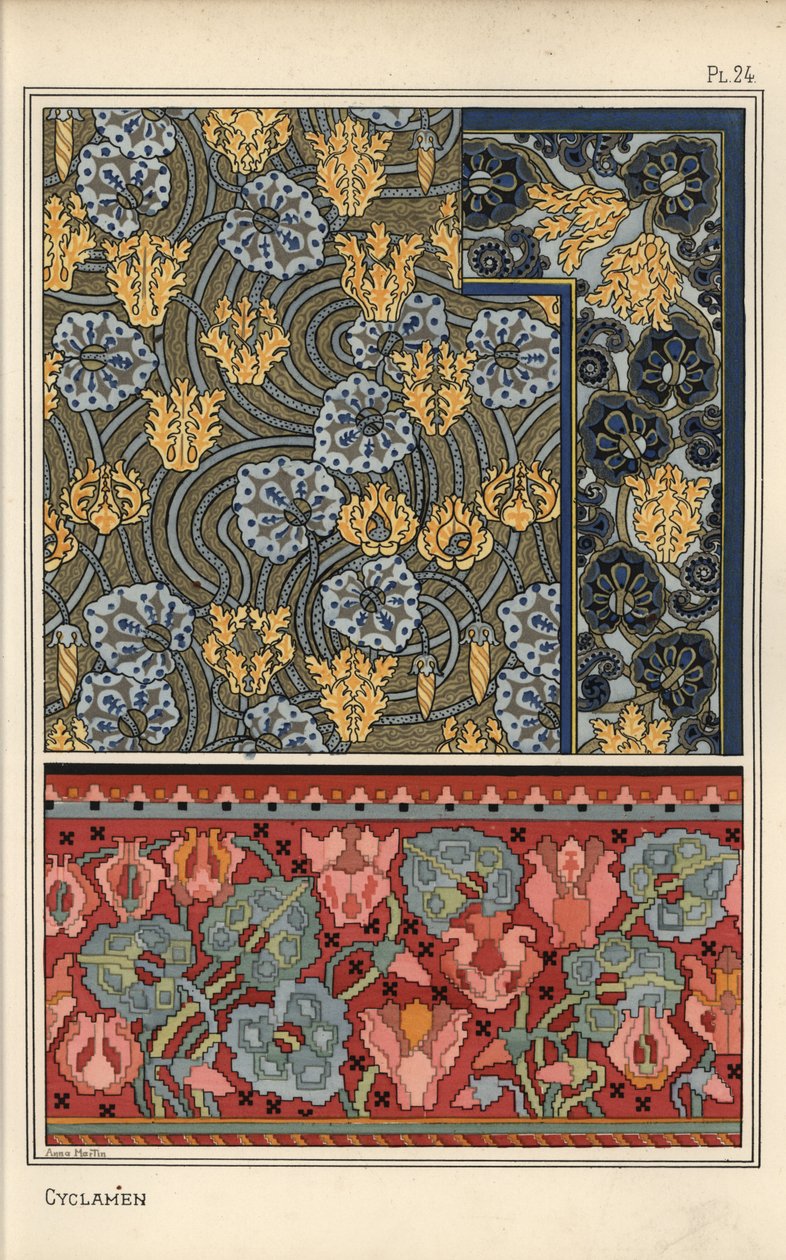 Planta de Cyclamen persicum como motivo em desenhos para tapeçaria, tecido e papel de parede. Litografia de Anna Martin de Eugene Grasset