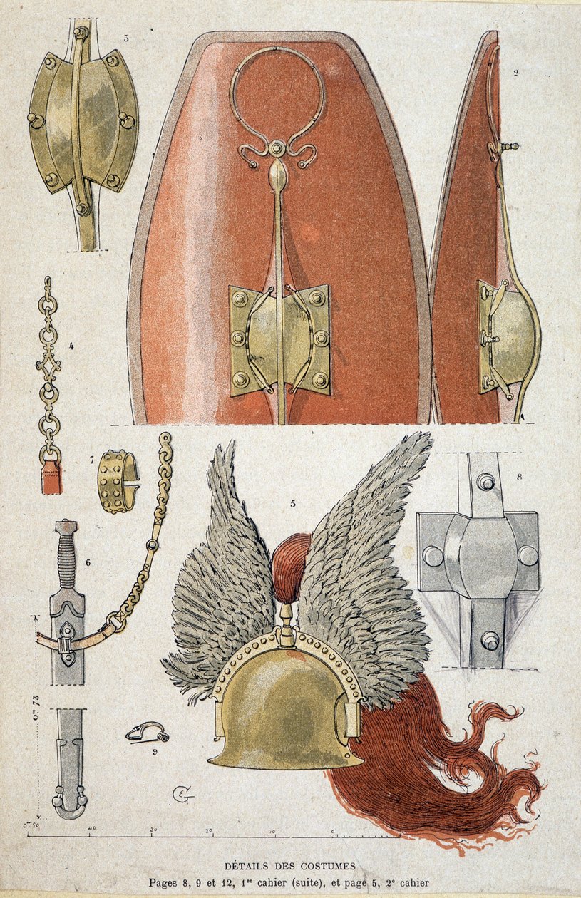 Detalhes do traje de guerreiro galego - em "Illustrous Teaching Cahiers, War Costumes of the Bronze Age and the Gaulish Age", ed. Grasset de Eugene Grasset