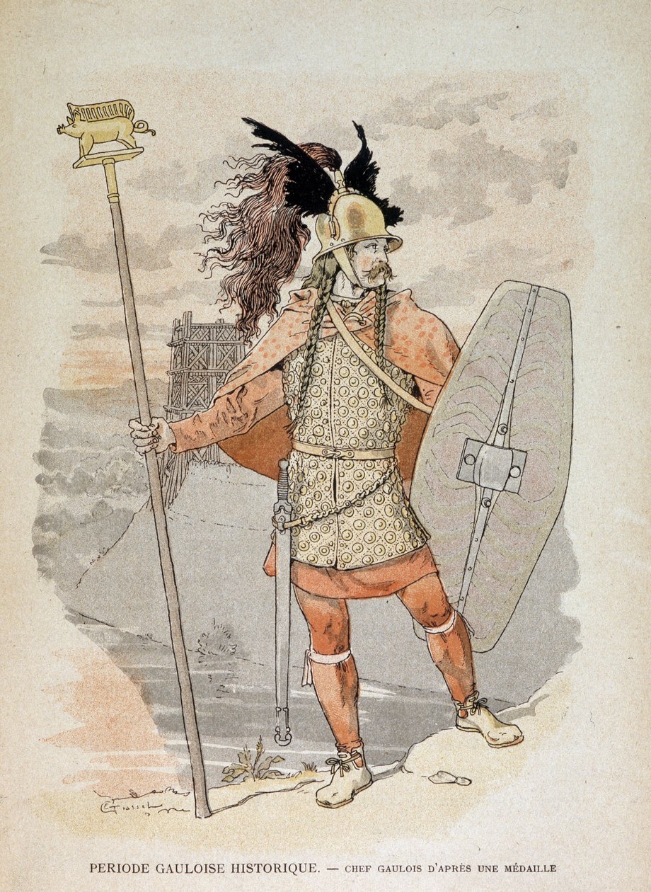 Líder Gálico (depois de uma medalha): segurando uma "bandeira" de decoração de um javali ensina - em "Illustrous Teaching Cahiers, War Costumes of the Bronze Age and the Gallic Age", ed Grasset de Eugene Grasset
