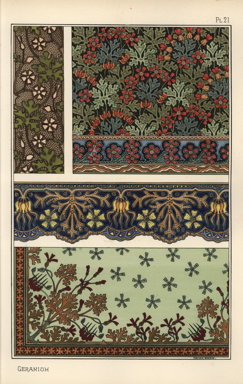 Motivo Gerânio em papel de parede, bordas e padrões de tecido de Eugene Grasset
